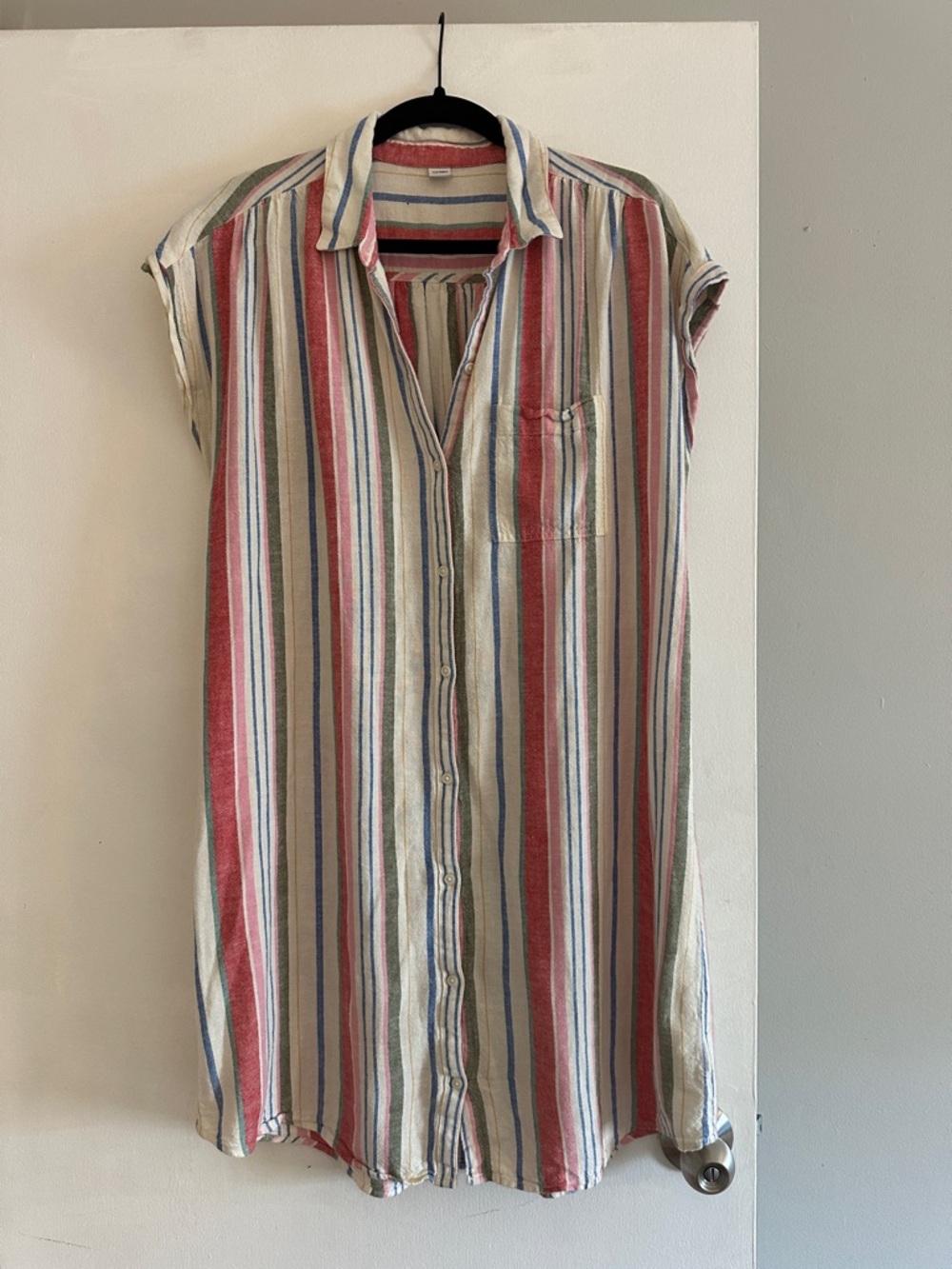 Old Navy Vertical Striped Button-Front Midi Dress in Red, Blue & Cream